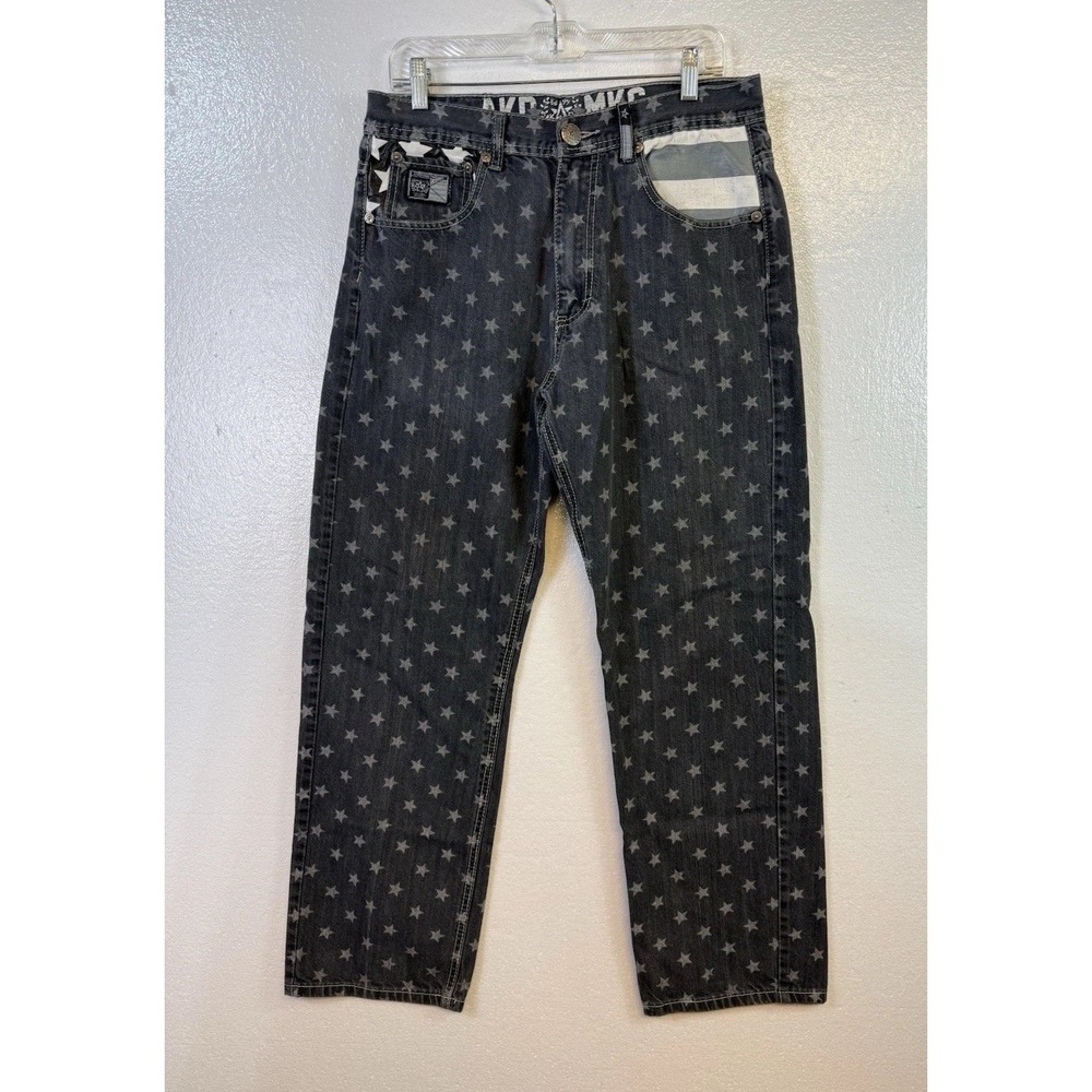 AKDMKS Jeans Mens 34x32 Gray stars stripes denim‎ straight leg Logo Y2K Hipster